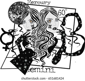 Zodiac signs Gemini  -  Vector illustration of the twins girls  -  Astrology, zodiac sign -  Abstract Vector Art