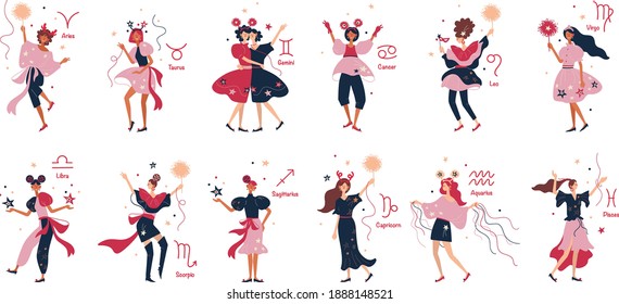 Zodiac signs girl set vector illustration. Young stylish girls on holiday, new year party. Illustration in flat cartoon style. Isolated on white background.