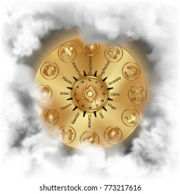 Zodiac signs gold circle in a frame of smoke.