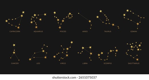 Símbolos zodíacos conjunto de clipart constelações de ouro. Coleção de estrelas douradas e brilhantes da constelação astrológica símbolo do horóscopo da clip art na ilustração do vetor do fundo preto.  
