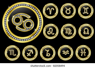 Zodiac signs, golden buttons with diamonds, vector illustration