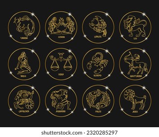 Señales de zodiaco en círculos brillantes dorados, ambientados. Diseño dorado sobre fondo negro. Iconos, vector	
