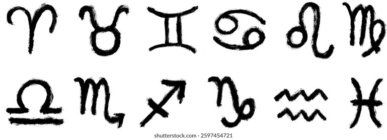 Zodiac Signs Grunge Brush Stroke Drawing Vector Set