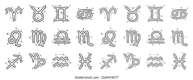 Zodiac signs in hand drawn style isolated on white background. Horoscope symbols cosmic clip art design.