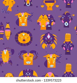 Zodiac signs. Hand drawn trendy illustration. Flat design. Colored vector seamless pattern. Purple background