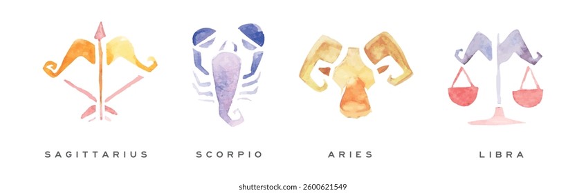 Zodiac Signs Hand Drawn Watercolor Symbol Vector Set