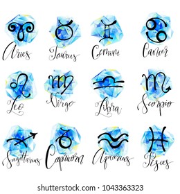 Zodiac signs hand written symbols of astrology. Set of horoscope vectors. Abstract polygonal design. 