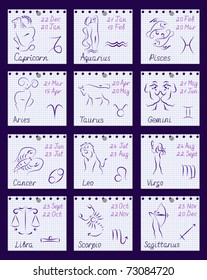 Zodiac signs "hand-drawn" on notebook sheets. Vector illustration.