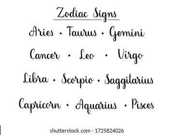 Zodiac signs. Handwritten set of vector zodiac signs names. Black vector calligraphic text. Lettering illustration