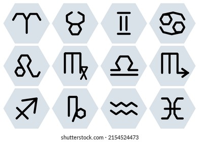 Zodiac signs in hexagons. 12 line icons оn white background. Vector illustration.