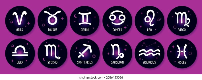 Zodiac signs highlight story covers for social media. Astrological symbols, icons or stickers set. Bright, magical design. Vector hand drawn illustration