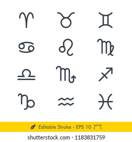 Zodiac signs for horoscope (Astrology) Icons / Vectors Set - In Line / Stroke Design | Contains Such Aries, Taurus, Gemini, Cancer, Leo, Virgo, Libra, Scorpio, Sagittarius, Capricorn, Aquarius, Pisces