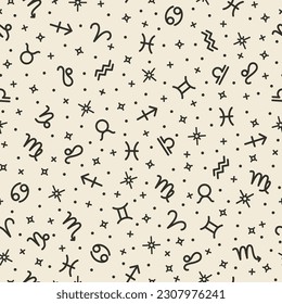 Zodiac signs, horoscope, astrology symbols seamless pattern design template. Repeating print texture with esoteric symbols for decoration, fabric, wrapping paper, web page vector illustration