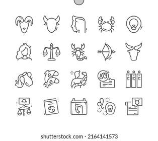 Signos zodiacos. Libro del Horóscopo. Astrología y esotérica. Iconos De Línea Delgada De Vector Perfecto De Pixel. Pictograma mínimo simple