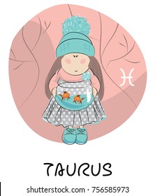 Zodiac signs of horoscope. Cartoon vector girls. Pretty illustration. Taurus.