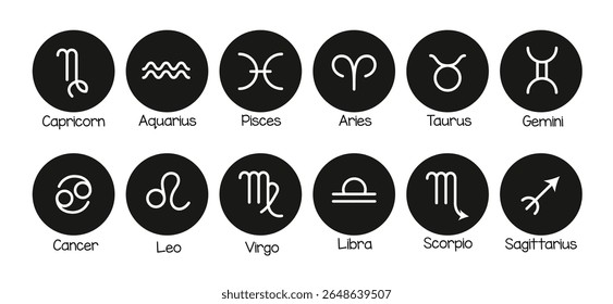 Símbolos do zodíaco ícone do horóscopo conjunto de clipes. Símbolo do horóscopo do mês de nascimento com desenho de esboço clip art para a ilustração do vetor da coleção de signos do zodíaco da astrologia. 
