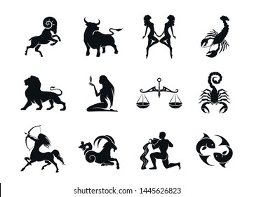 zodiac signs horoscope icons set  isolated astrological images in simple black   white style
