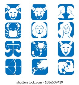 zodiac signs horoscope icons set. isolated astrological images in simple blue and white style.
