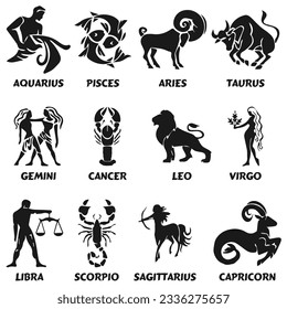 Zodiac signs horoscope icons set isolated astrological images in simple black and white style.