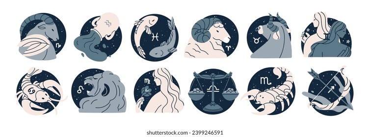 Zodiac signs, horoscope icons set. Astrology symbols, Capricorn, Taurus, Libra and Scorpio constellations. Twelve astrological avatars. Modern flat vector illustrations isolated on white background
