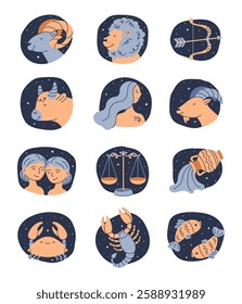 Zodiac signs, horoscope icons set. Astrology symbols. Twelve astrological avatars. Modern flat vector illustrations isolated on white background