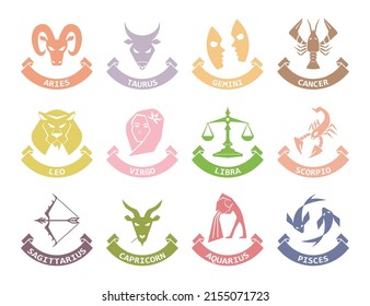 Zodiac signs (horoscope symbols) flat icons set with captions. Colorful stylish design for website, app, stickers