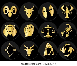 Zodiac signs (horoscope symbols) flat icons set. Golden stylish design