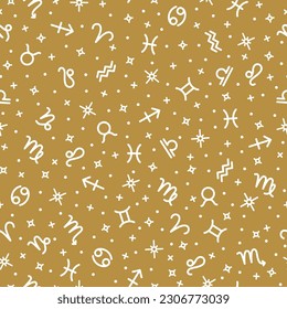 Zodiac signs, horoscope symbols seamless pattern, repeating print. Gold metallic texture for wallpaper, fabric, wrapping paper, web page design template vector illustration