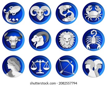 Zodiac signs, horoscope symbols, vector illustration in paper art style. Twelve astrology signs for calendar, diary, card etc. Astrological predictions.