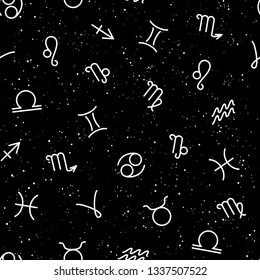 Zodiac signs, horoscrope symbols, stars in space, seamless pattern. Texture for wallpapers, fabric, wrap, web page backgrounds, vector illustration