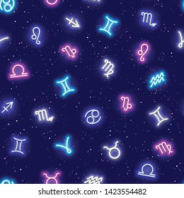 Zodiac signs, horoscrope symbols, stars in space, seamless pattern. Texture for wallpapers, fabric, wrap, web page backgrounds, vector illustration
