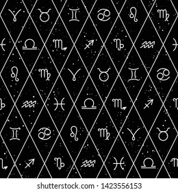 Zodiac signs, horoscrope symbols, stars in space, seamless pattern. Texture for wallpapers, fabric, wrap, web page backgrounds, vector illustration