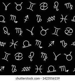 Zodiac signs, horoscrope symbols, stars in space, seamless pattern. Texture for wallpapers, fabric, wrap, web page backgrounds, vector illustration