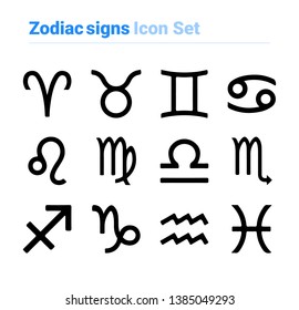 Zodiac signs icon set of black and white types. Isolated vector sign symbols. Icon pack.