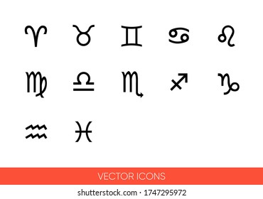 Zodiac signs icon set of black and white types. Isolated vector sign symbols. Icon pack.