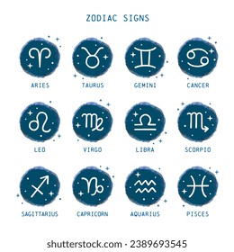 Icono de signos zodiacos con leyendas. Icono circular azul oscuro vector.