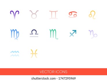 Zodiac signs icon set of color types. Isolated vector sign symbols. Icon pack.