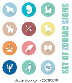 Zodiac signs icon set. Flat illustrations with trendy colors.