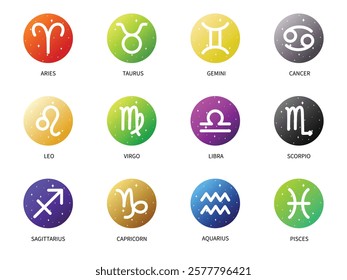 Zodiac signs icon set. Isolated horoscope zodiac symbols, Aries, Taurus, Gemini, Cancer, Leo, Virgo, Libra, Scorpio, Sagittarius, Capricorn, Aquarius, and Pisces. Zodiac astrology vector illustration.