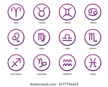 Zodiac signs icon set. Isolated horoscope zodiac symbols, Aries, Taurus, Gemini, Cancer, Leo, Virgo, Libra, Scorpio, Sagittarius, Capricorn, Aquarius, and Pisces. Zodiac astrology vector illustration.