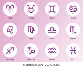 Zodiac signs icon set. Isolated horoscope zodiac symbols, Aries, Taurus, Gemini, Cancer, Leo, Virgo, Libra, Scorpio, Sagittarius, Capricorn, Aquarius, and Pisces. Zodiac astrology vector illustration.