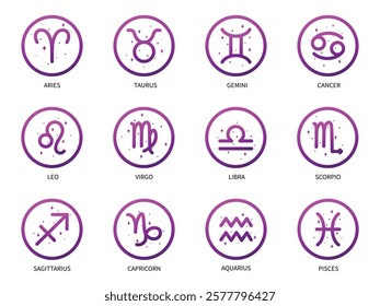 Zodiac signs icon set. Isolated horoscope zodiac symbols, Aries, Taurus, Gemini, Cancer, Leo, Virgo, Libra, Scorpio, Sagittarius, Capricorn, Aquarius, and Pisces. Zodiac astrology vector illustration.