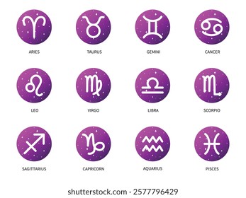 Zodiac signs icon set. Isolated horoscope zodiac symbols, Aries, Taurus, Gemini, Cancer, Leo, Virgo, Libra, Scorpio, Sagittarius, Capricorn, Aquarius, and Pisces. Zodiac astrology vector illustration.