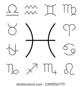 Zodiac signs icon set. Simple icon of the pisces.
