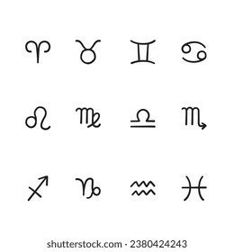 Zodiac signs icon set, Vector simple black outline icon.	