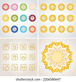 Zodiac signs icons and astorological circle. Gold and different colors vector design elements, symbols with golden splash