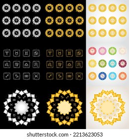 Zodiac signs icons and astorological circle. Gold, silver, different colors vector design elements, symbols with metallic splatter