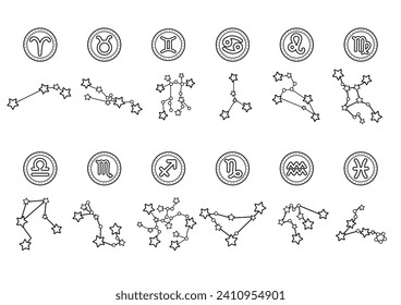 Zodiac signs, icons, badges and constellations. Vector black and white illustration, coloring book.