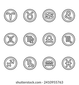 Zodiac signs, icons, badges. Vector black and white illustration, coloring book.