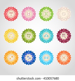 Zodiac signs icons. Colorful decorative elements for design, edited in vector. Astrological symbols, circle flower frames